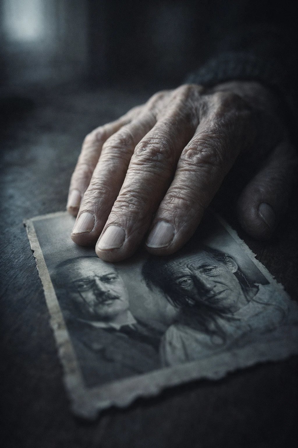 A hand resting on an old photograph, recreation