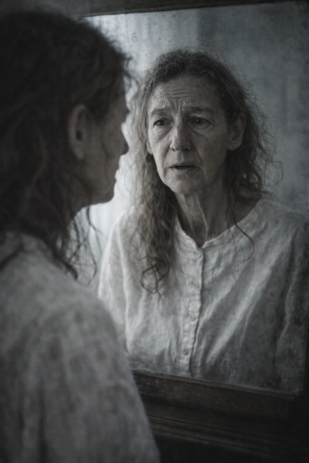 A woman facing a mirror, recreation