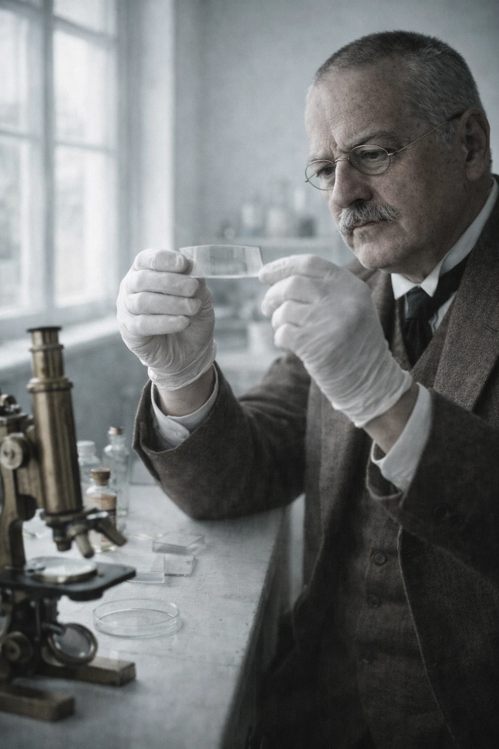 Alzheimer examining a laboratory preparation, recreation