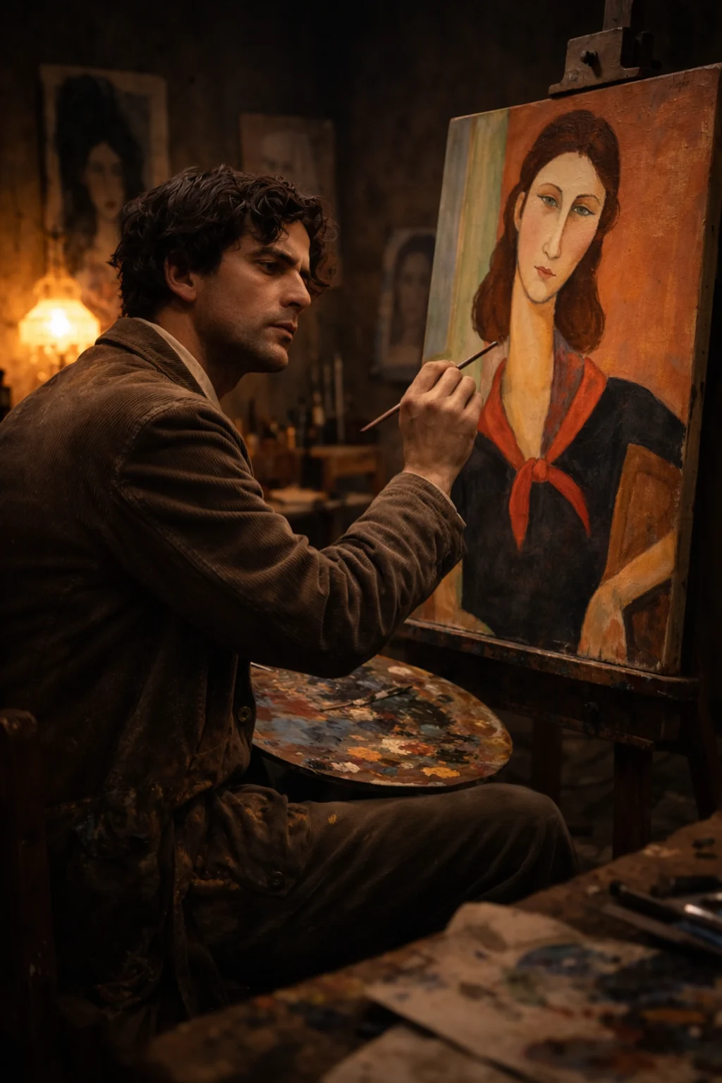 Escena imaginada de Modigliani pintando un retrato