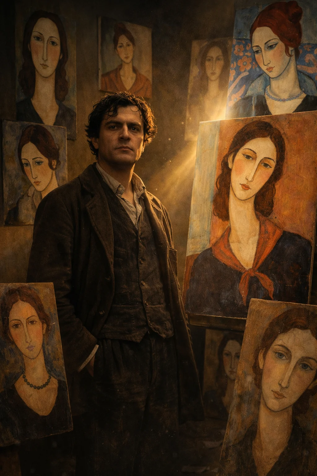 Retrato simbólico de Modigliani rodeado de pinturas