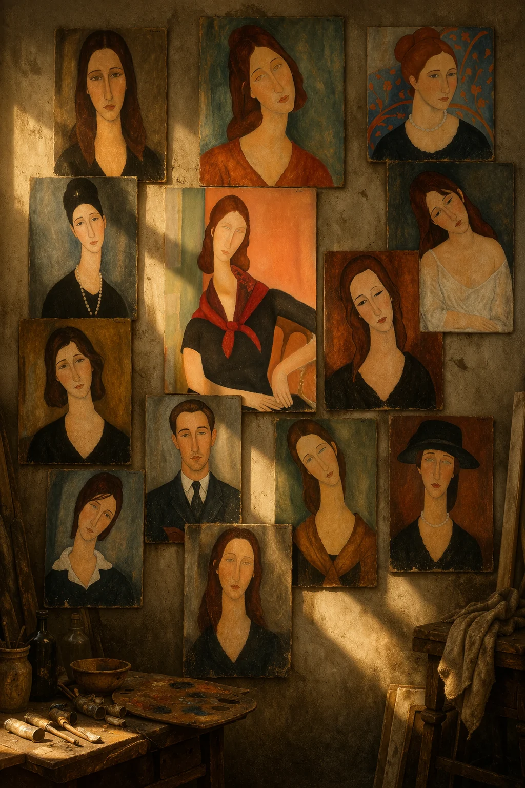 Conjunto imaginado de retratos inspirados en Modigliani