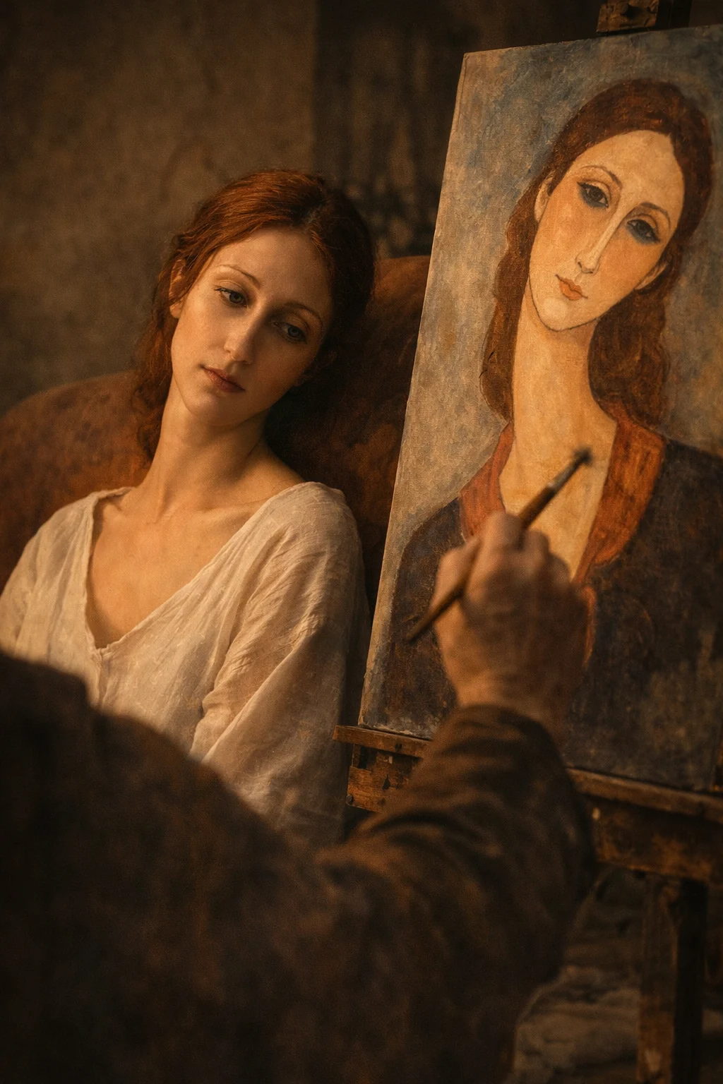 Recreación de Jeanne Hébuterne junto a un retrato imaginado