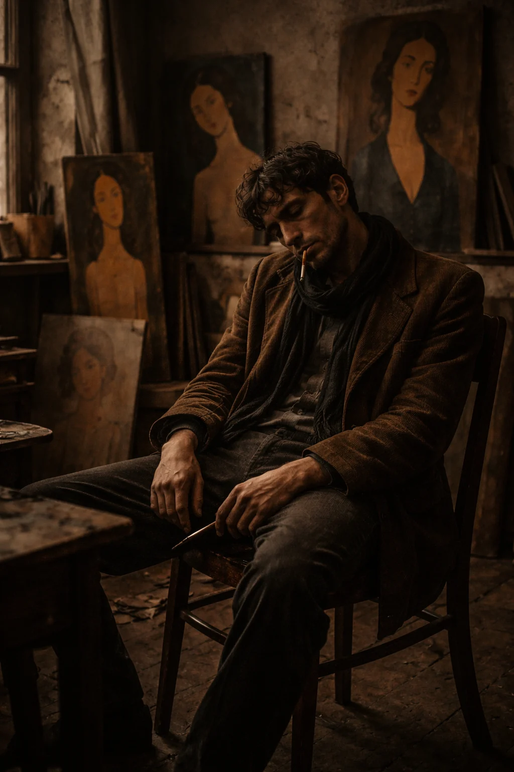 Escena simbólica de Modigliani descansando en un estudio