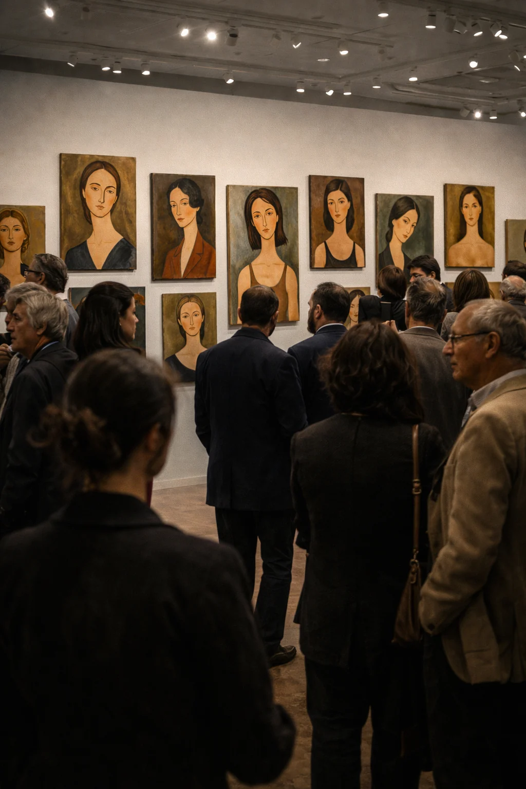 Exposición contemporánea imaginada de retratos inspirados en Modigliani