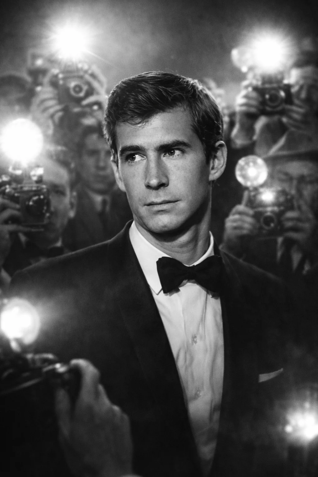 Anthony Perkins facing photographers, recreation