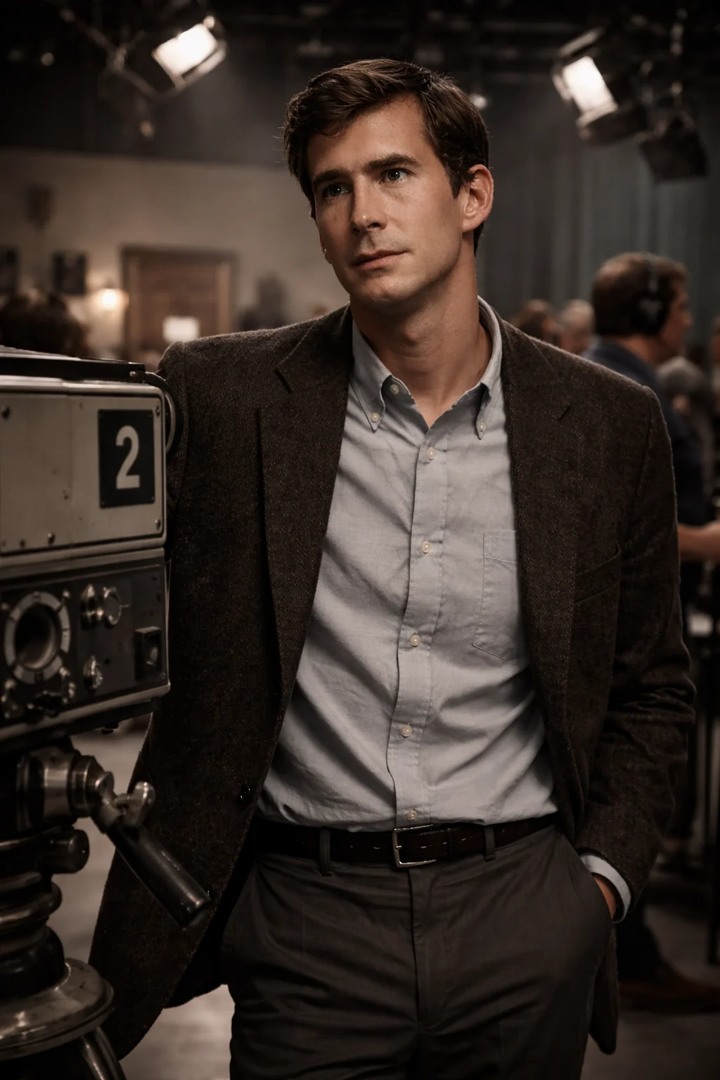 Anthony Perkins beside a film camera, recreation