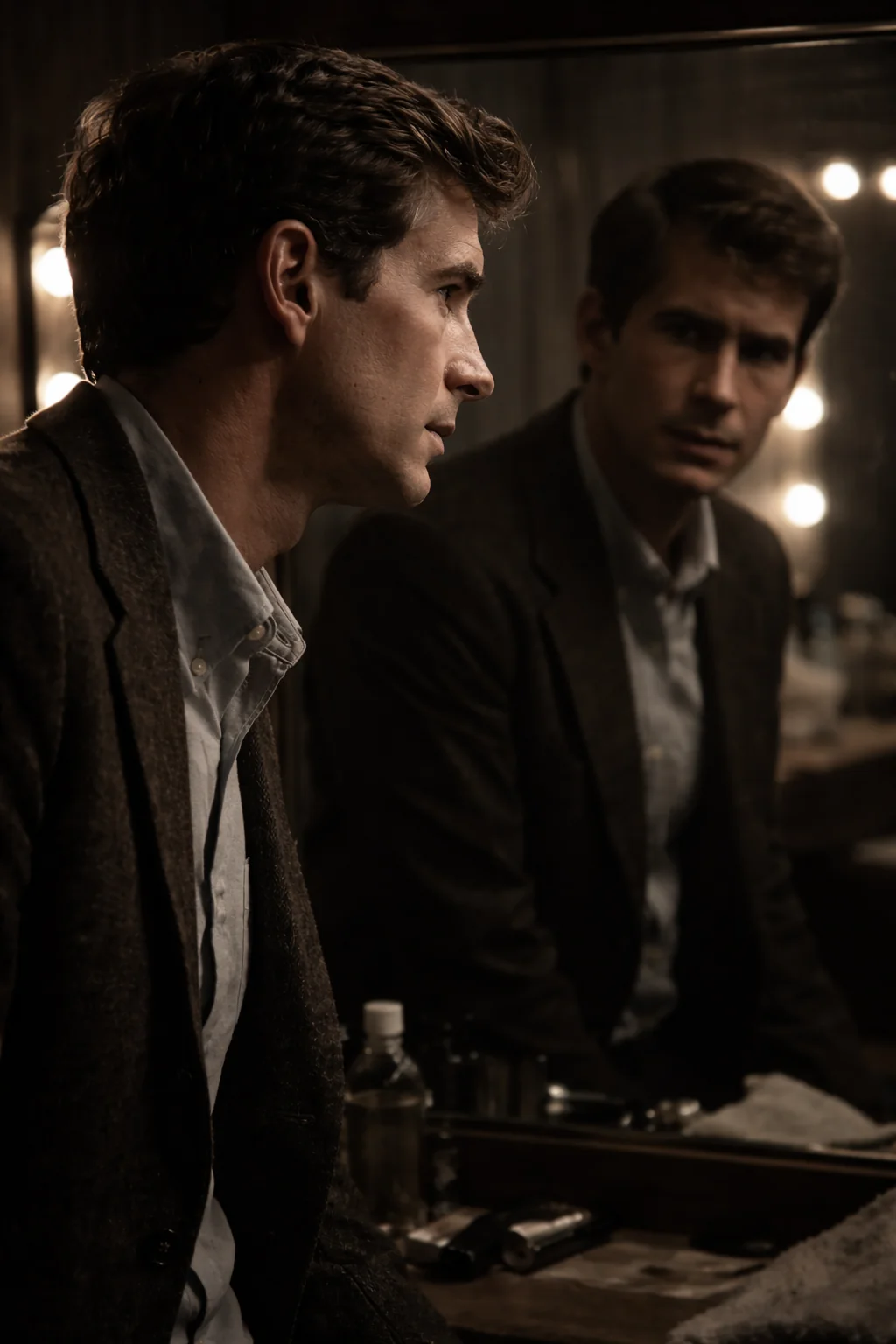 Anthony Perkins facing a mirror, recreation