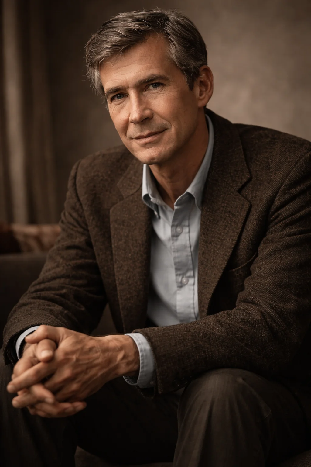 Anthony Perkins seated for an interview, recreation