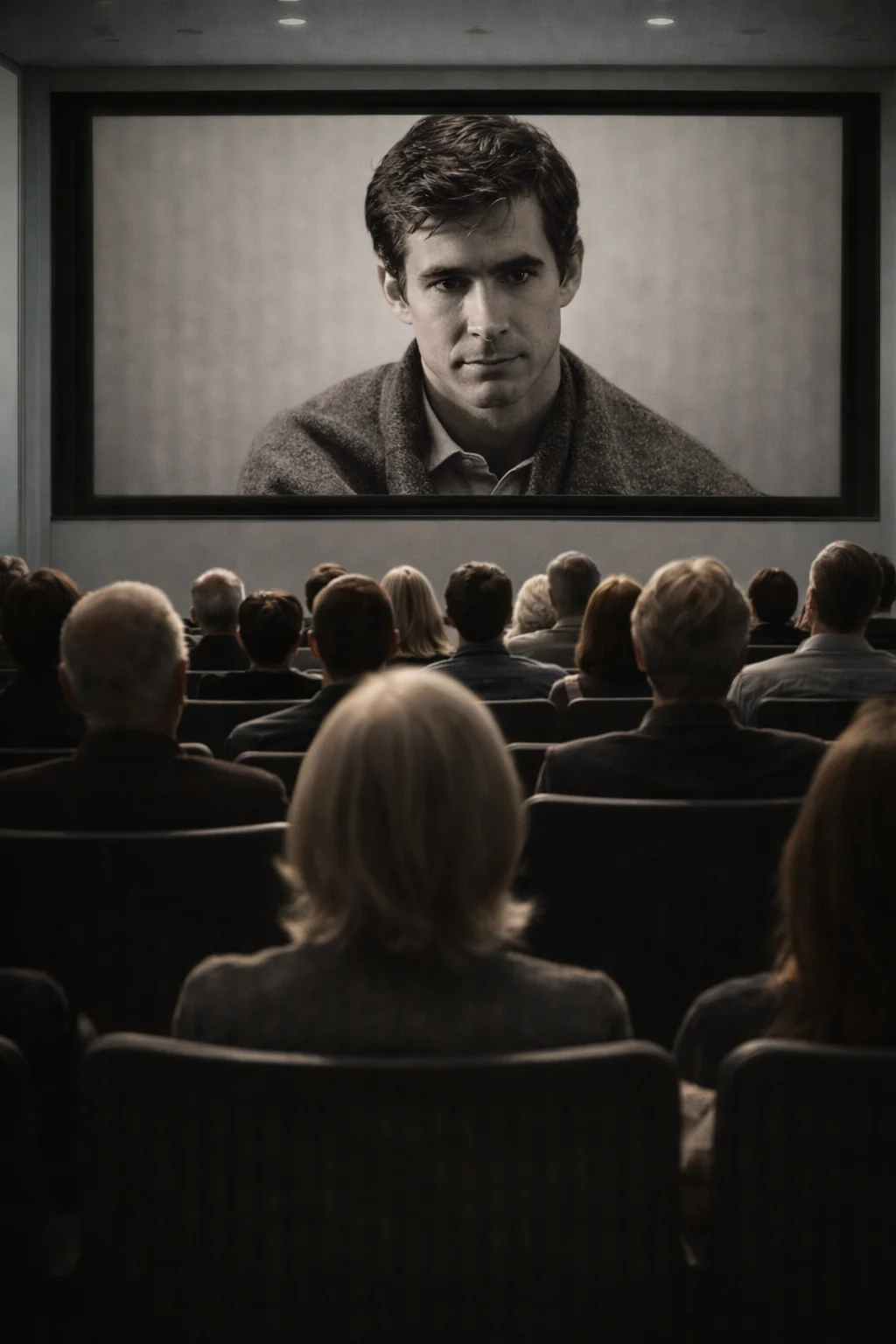 A cinema showing a portrait of Anthony Perkins, recreation