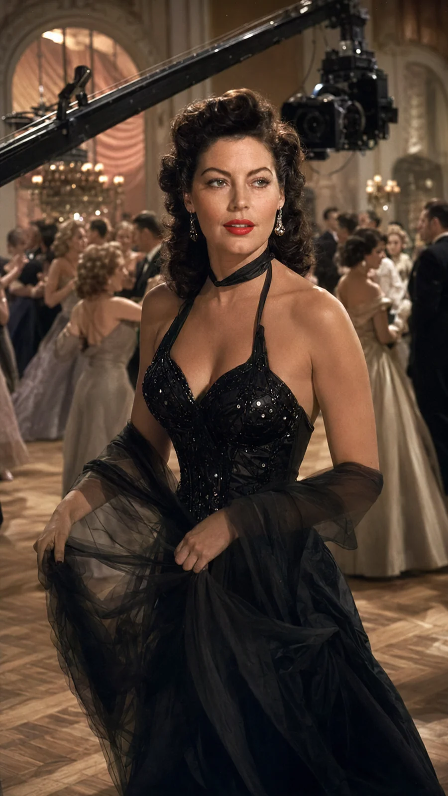 Ava Gardner depicted at a film gala. AI-generated artistic recreation; not a historical photograph.