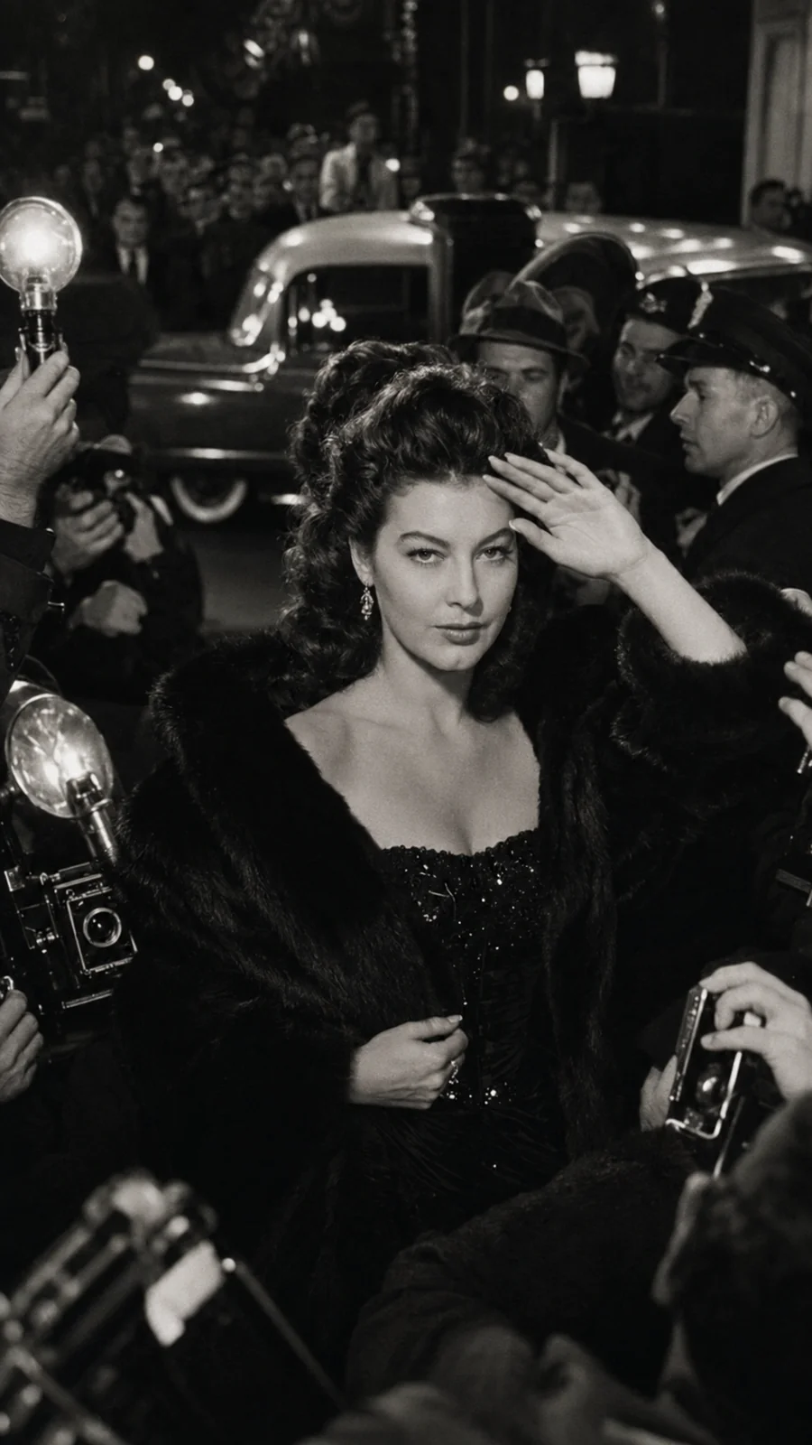 Recreation of Ava Gardner surrounded by photographers. AI-generated artistic recreation; not a historical photograph.