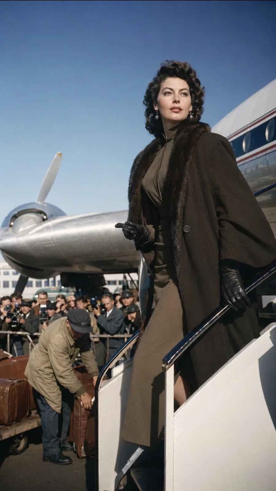 Ava Gardner depicted beside an airplane. AI-generated artistic recreation; not a historical photograph.