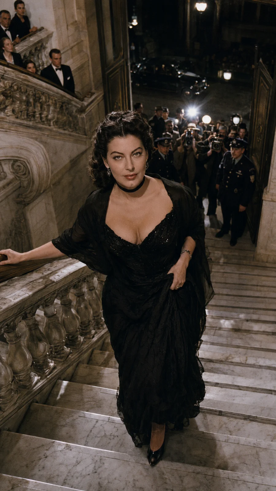 Recreation of Ava Gardner on a staircase at a public event. AI-generated artistic recreation; not a historical photograph.
