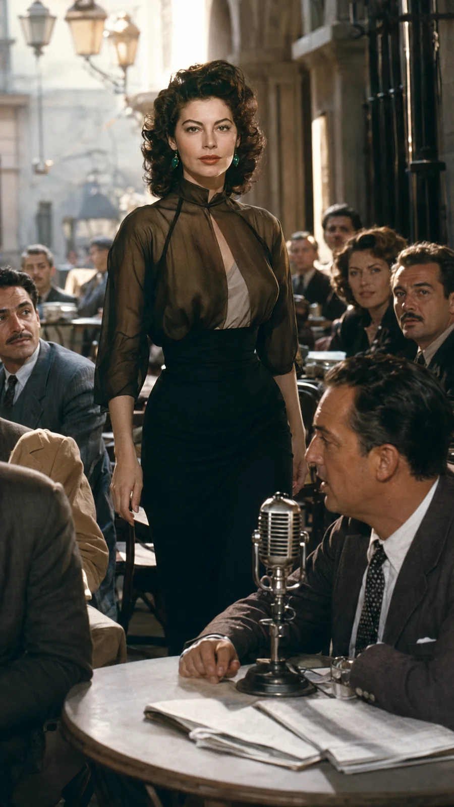 Ava Gardner depicted before the press. AI-generated artistic recreation; not a historical photograph.