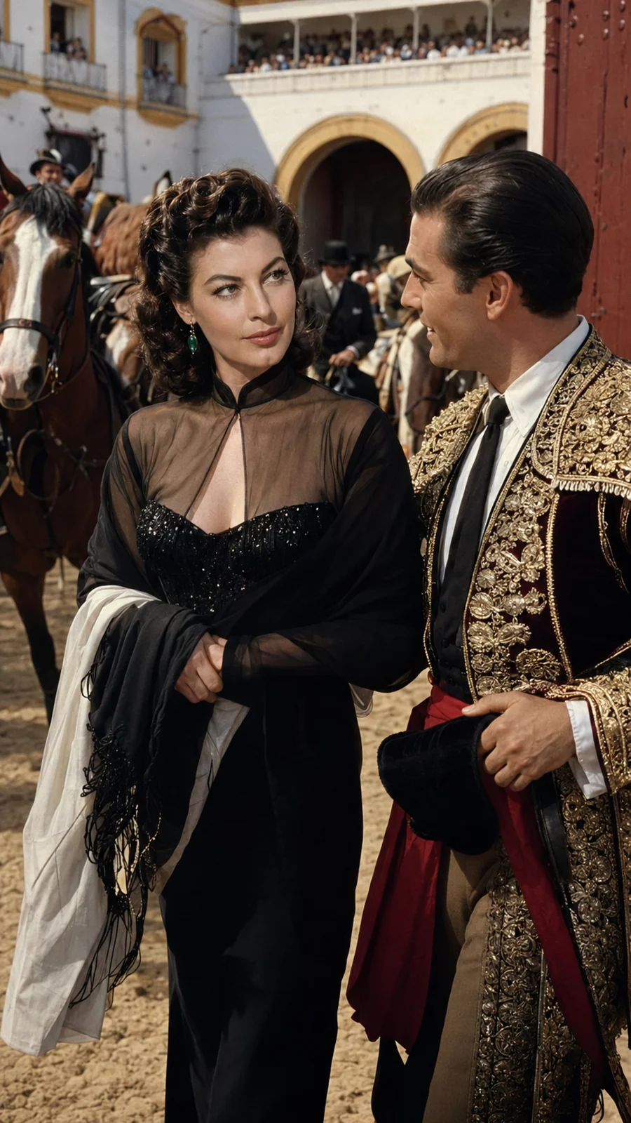 Artistic recreation of Ava Gardner beside a bullfighter. AI-generated artistic recreation; not a historical photograph.