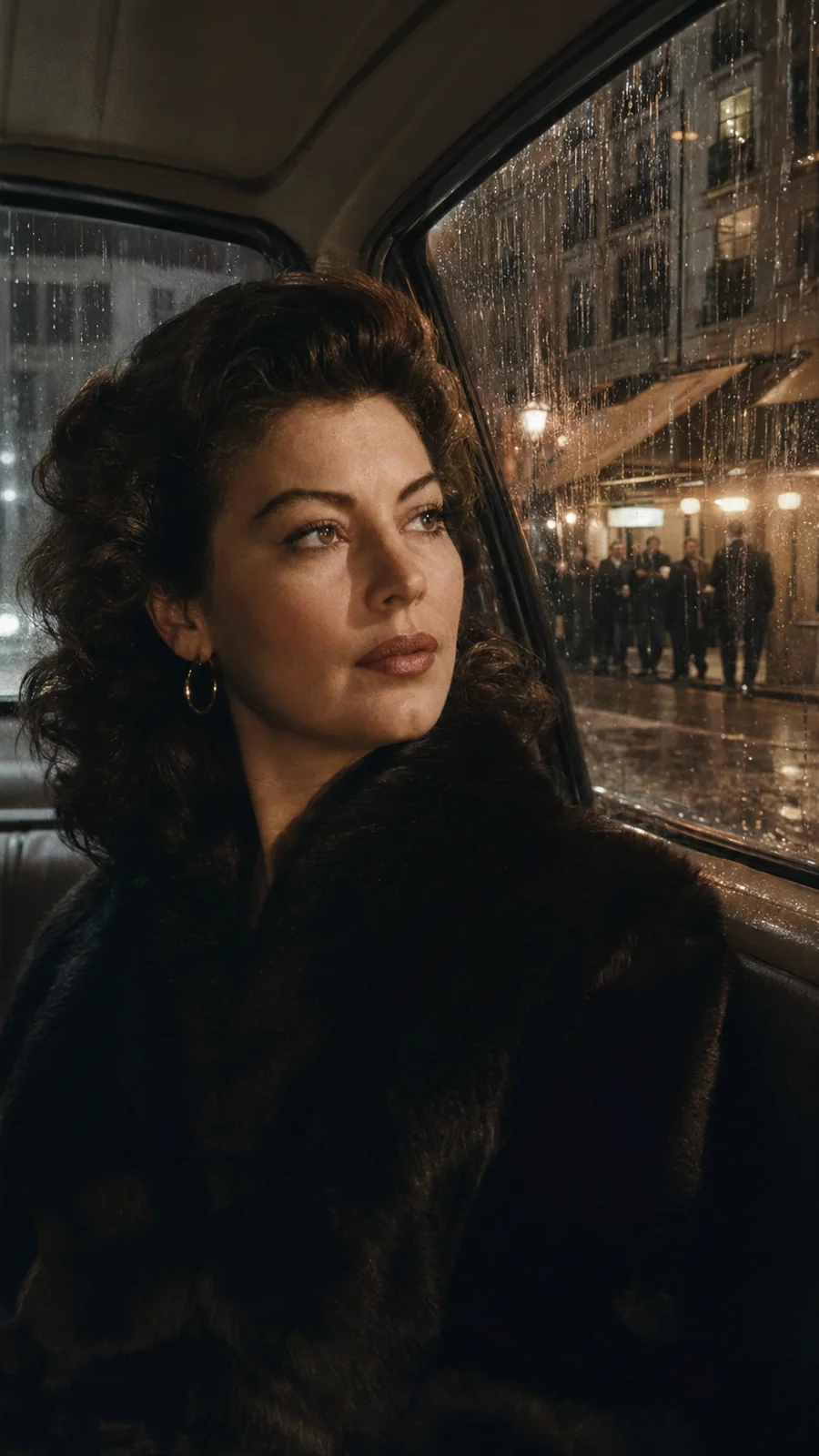 Ava Gardner depicted in a car. AI-generated artistic recreation; not a historical photograph.