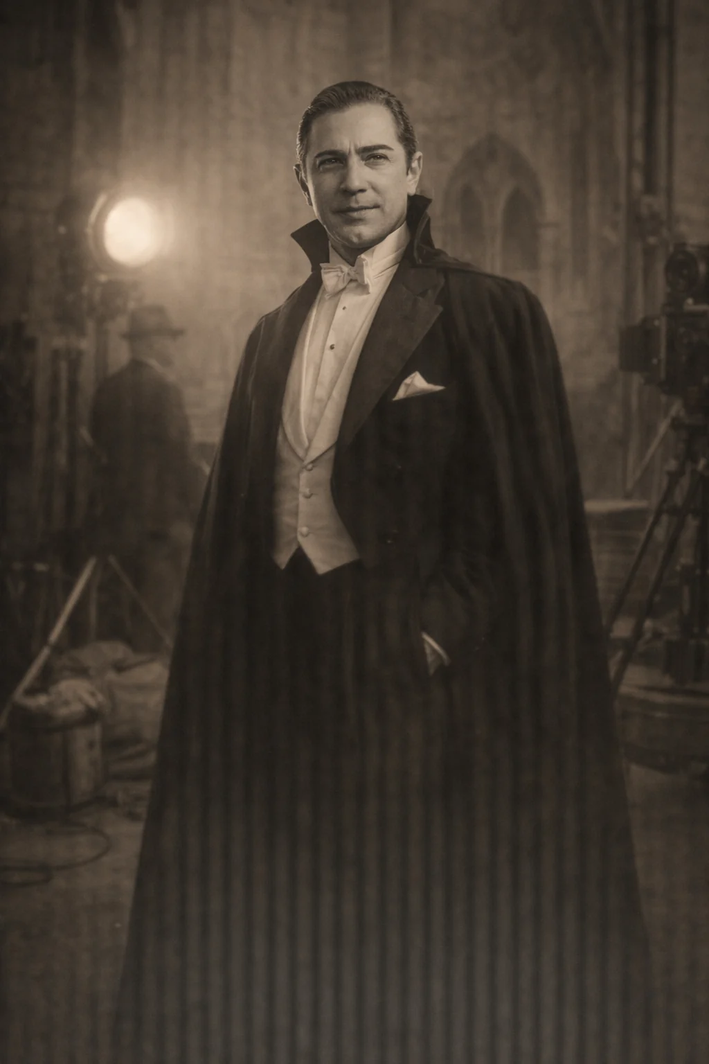 Recreation of Lugosi wearing a vampire cape — AI
