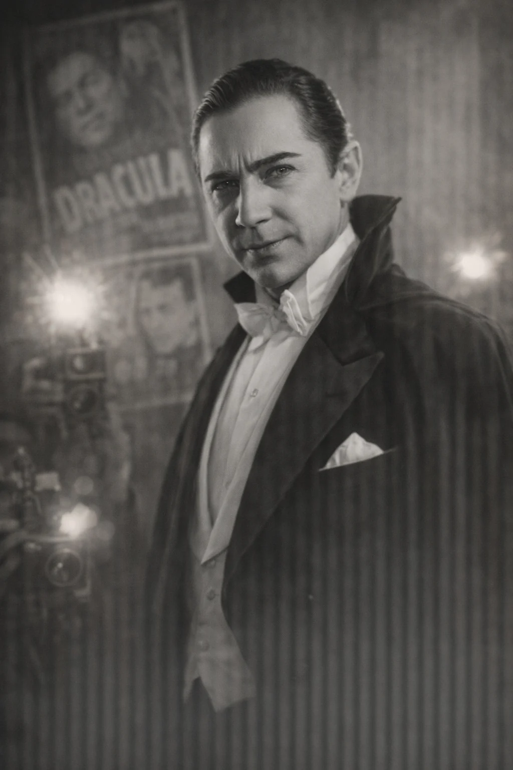 Lugosi beside theater posters — AI