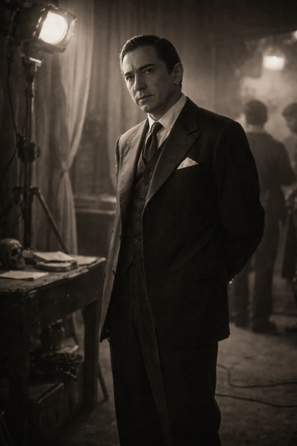 Lugosi beside a film set — AI