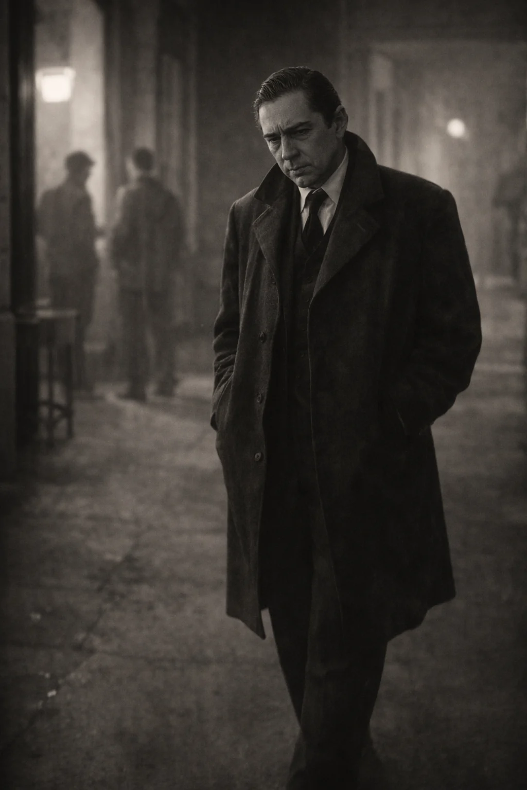 Lugosi in a studio corridor — AI