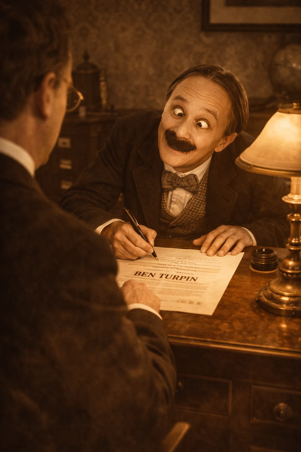 Escena imaginada de Ben Turpin con un contrato