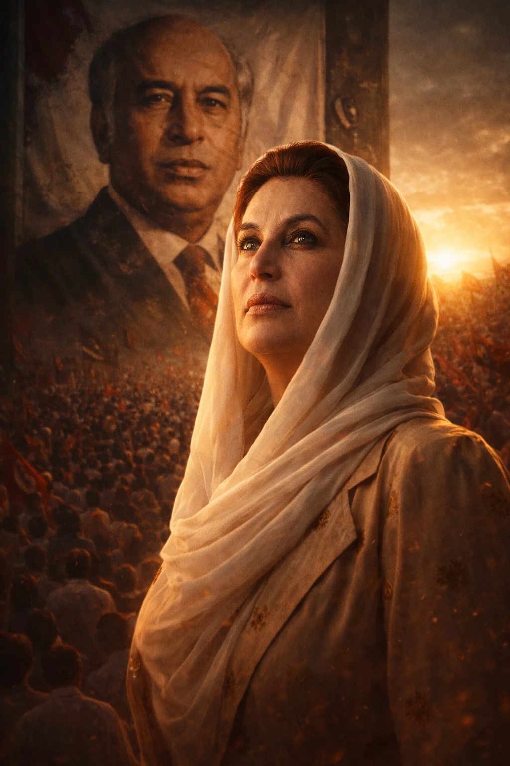 Benazir Bhutto y un retrato simbólico de su padre
