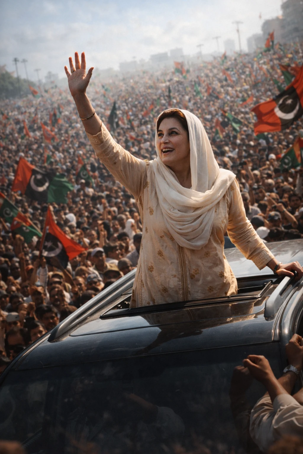 Benazir Bhutto saludando a una multitud desde un vehículo