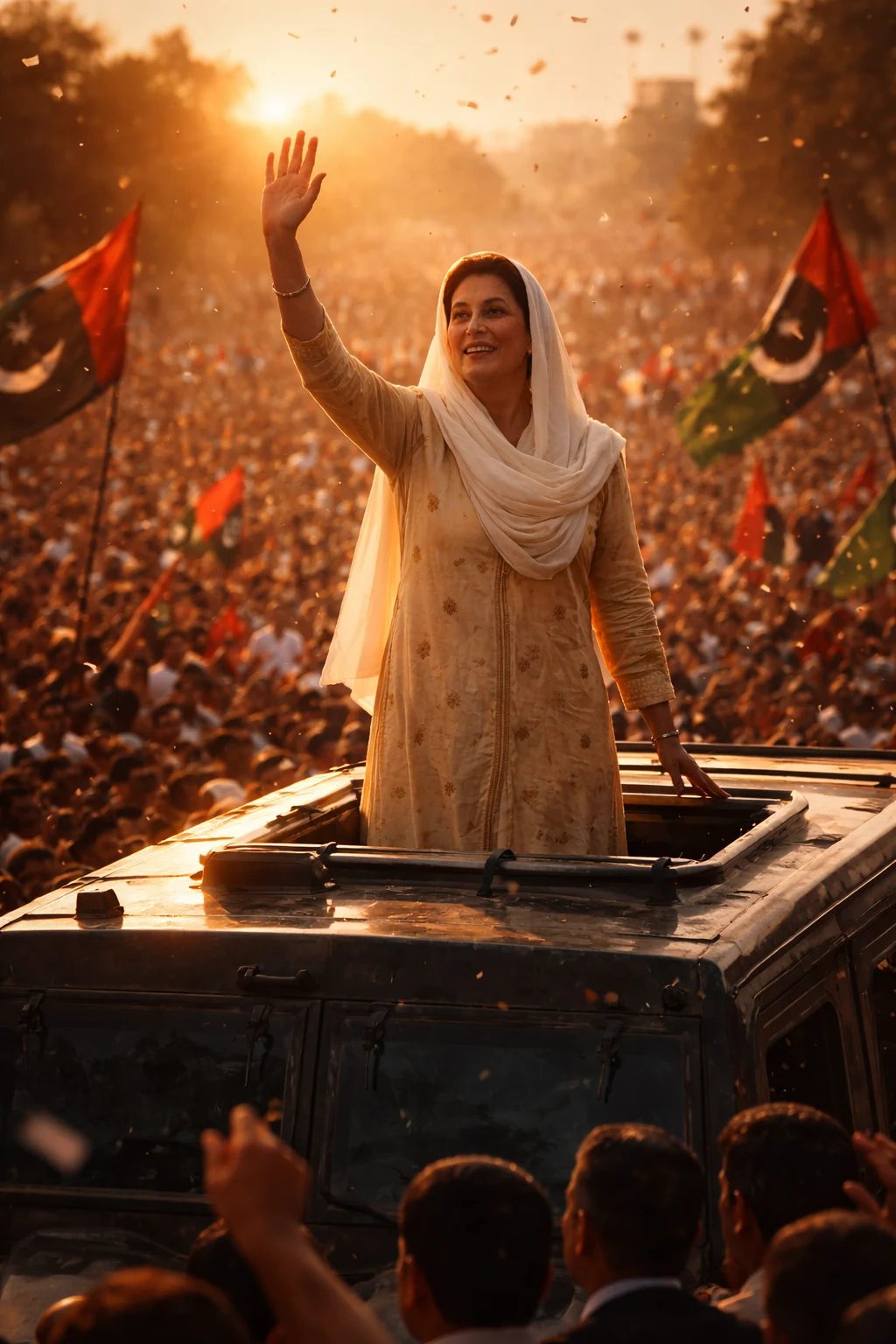 Benazir Bhutto saludando a sus seguidores