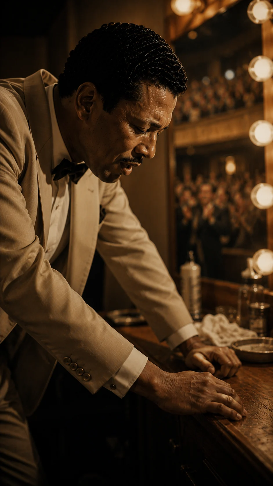 Escena simbólica de Benny Moré descansando junto a una mesa