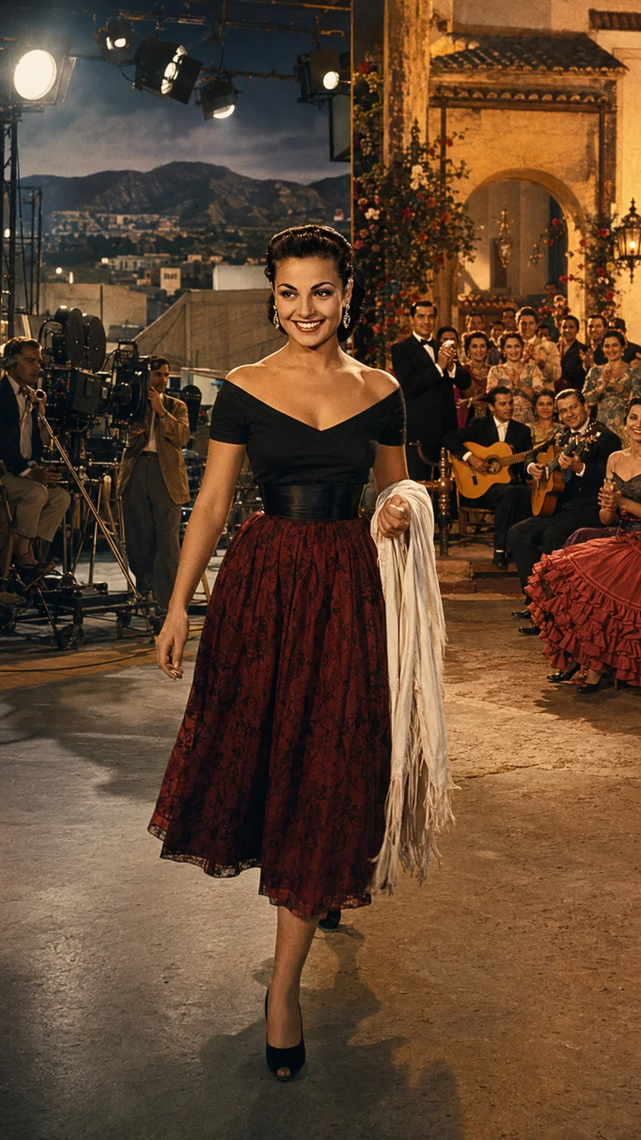 Carmen Sevilla on a film set. AI-generated artistic recreation; not a historical photograph.