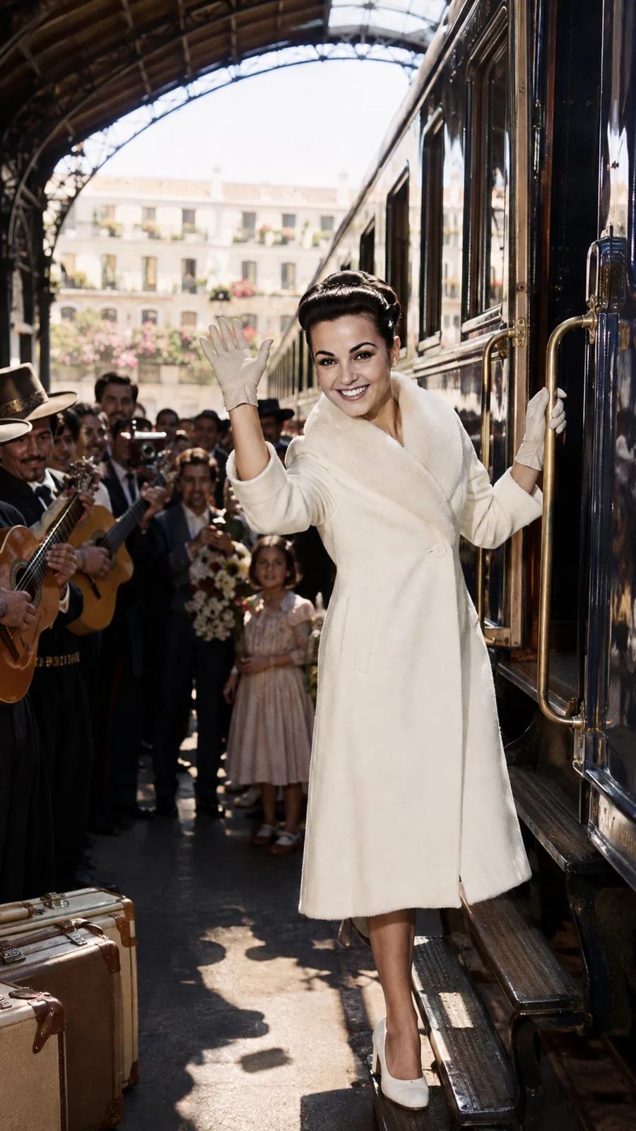Carmen Sevilla waving from a train. AI-generated artistic recreation; not a historical photograph.