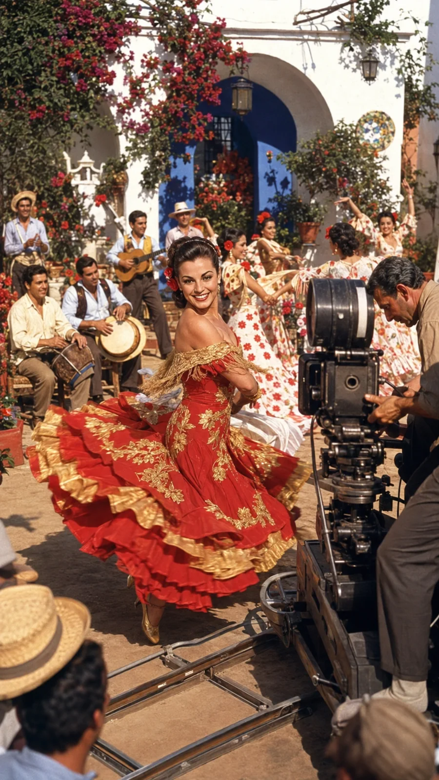 Carmen Sevilla in an Andalusian musical scene. AI-generated artistic recreation; not a historical photograph.