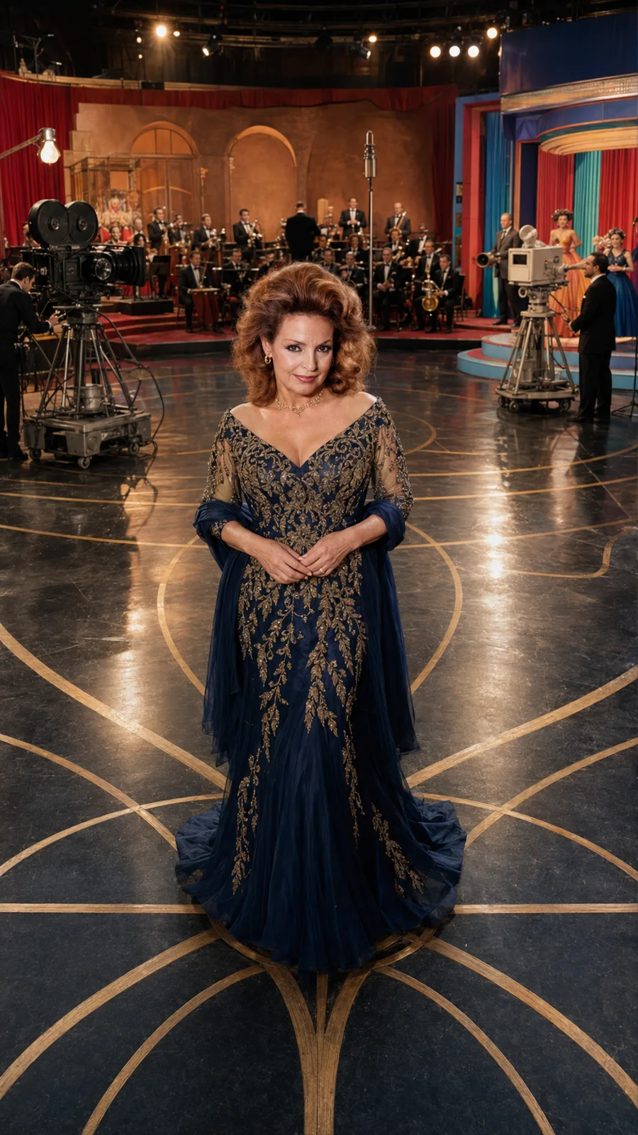 Carmen Sevilla in a film studio. AI-generated artistic recreation; not a historical photograph.