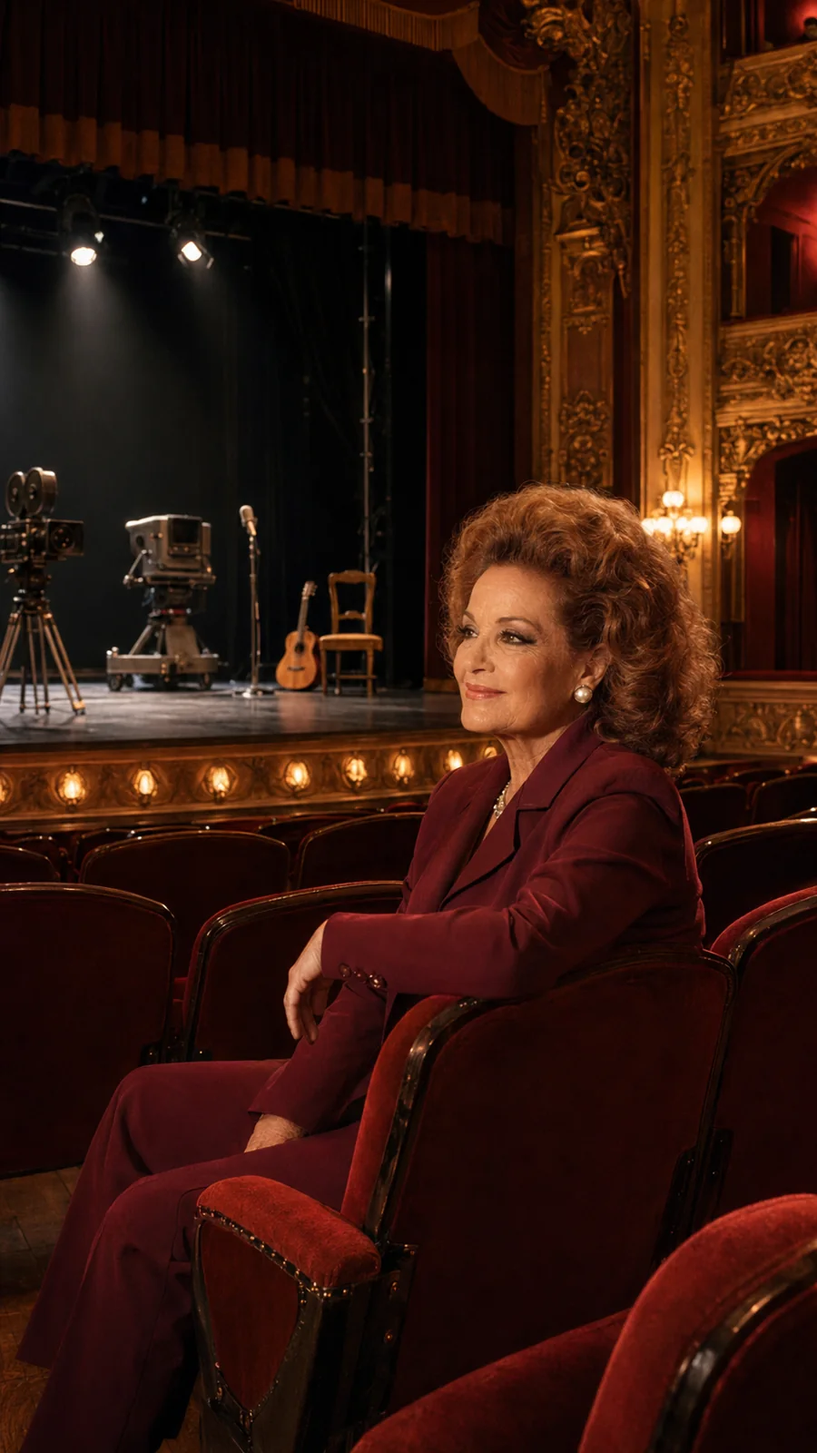 Carmen Sevilla seated in a theatre. AI-generated artistic recreation; not a historical photograph.