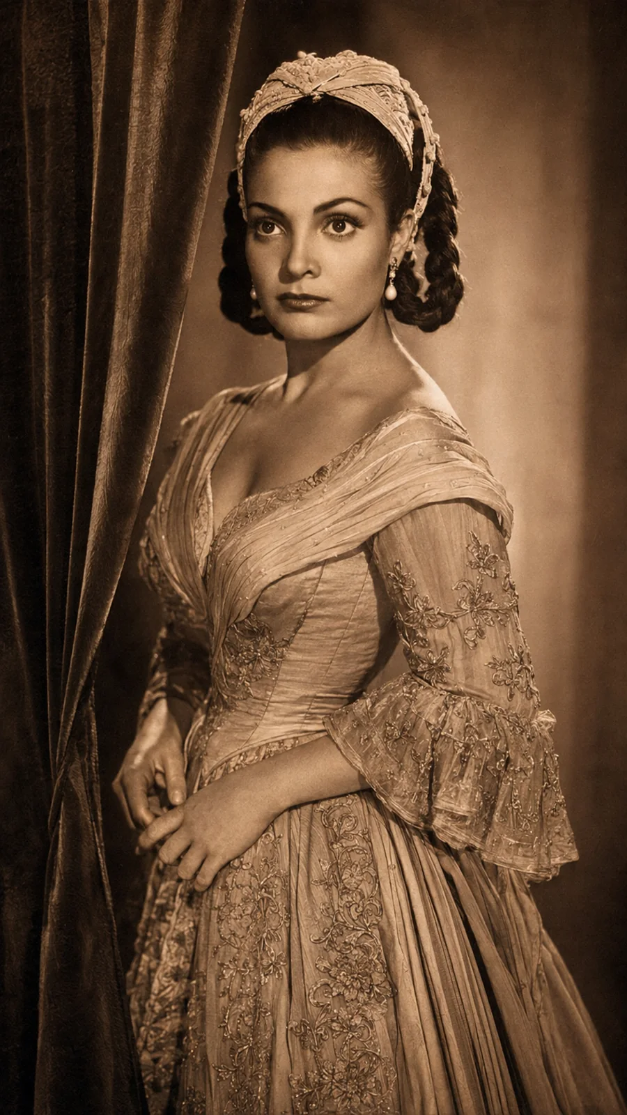Artistic portrait of Carmen Sevilla wearing a mantilla. AI-generated artistic recreation; not a historical photograph.