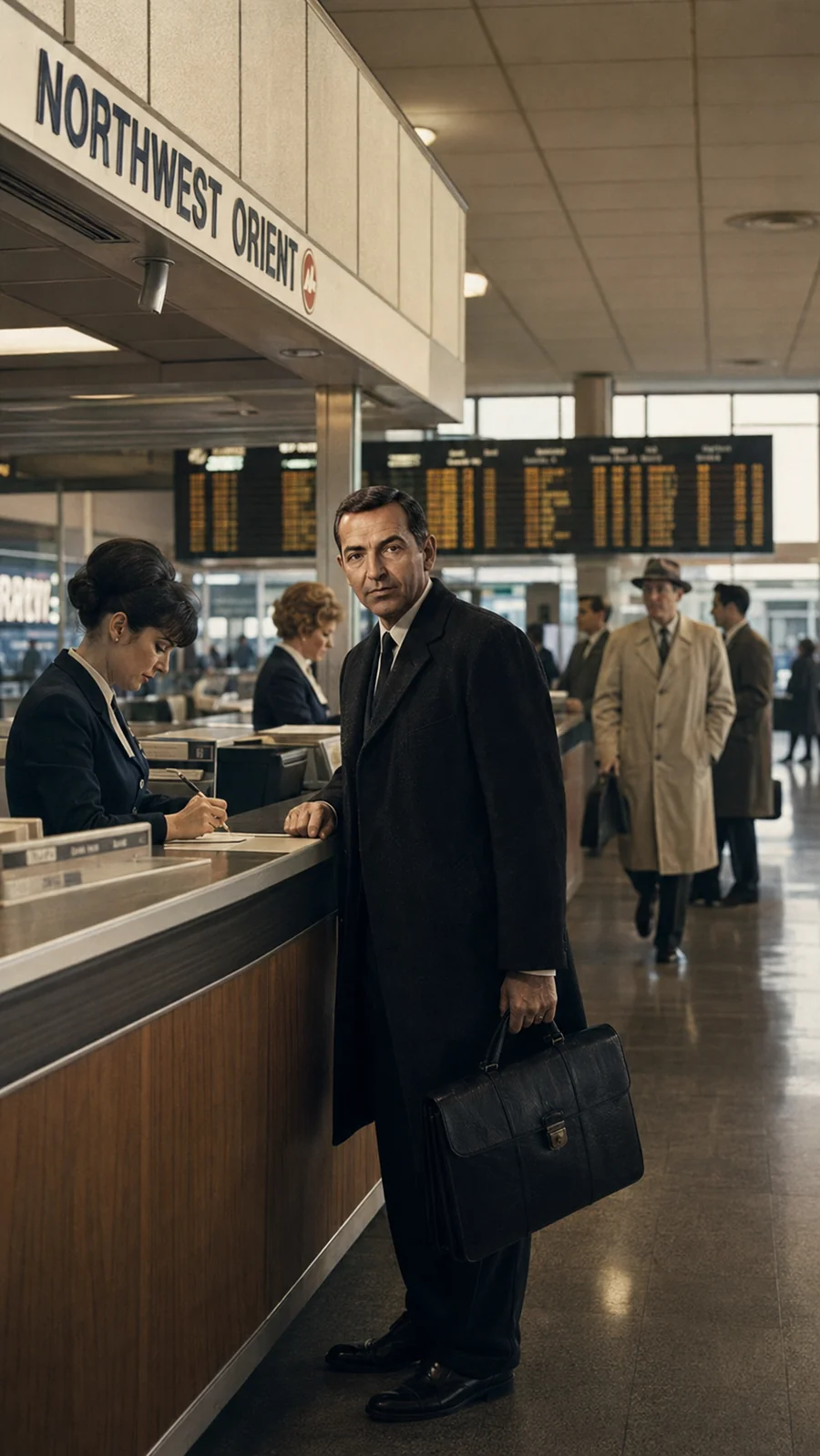D. B. Cooper: recreación artística con IA de un viajero en un aeropuerto; no es una fotografía histórica. / AI artistic recreation of a traveller at an airport; not a historical photograph.