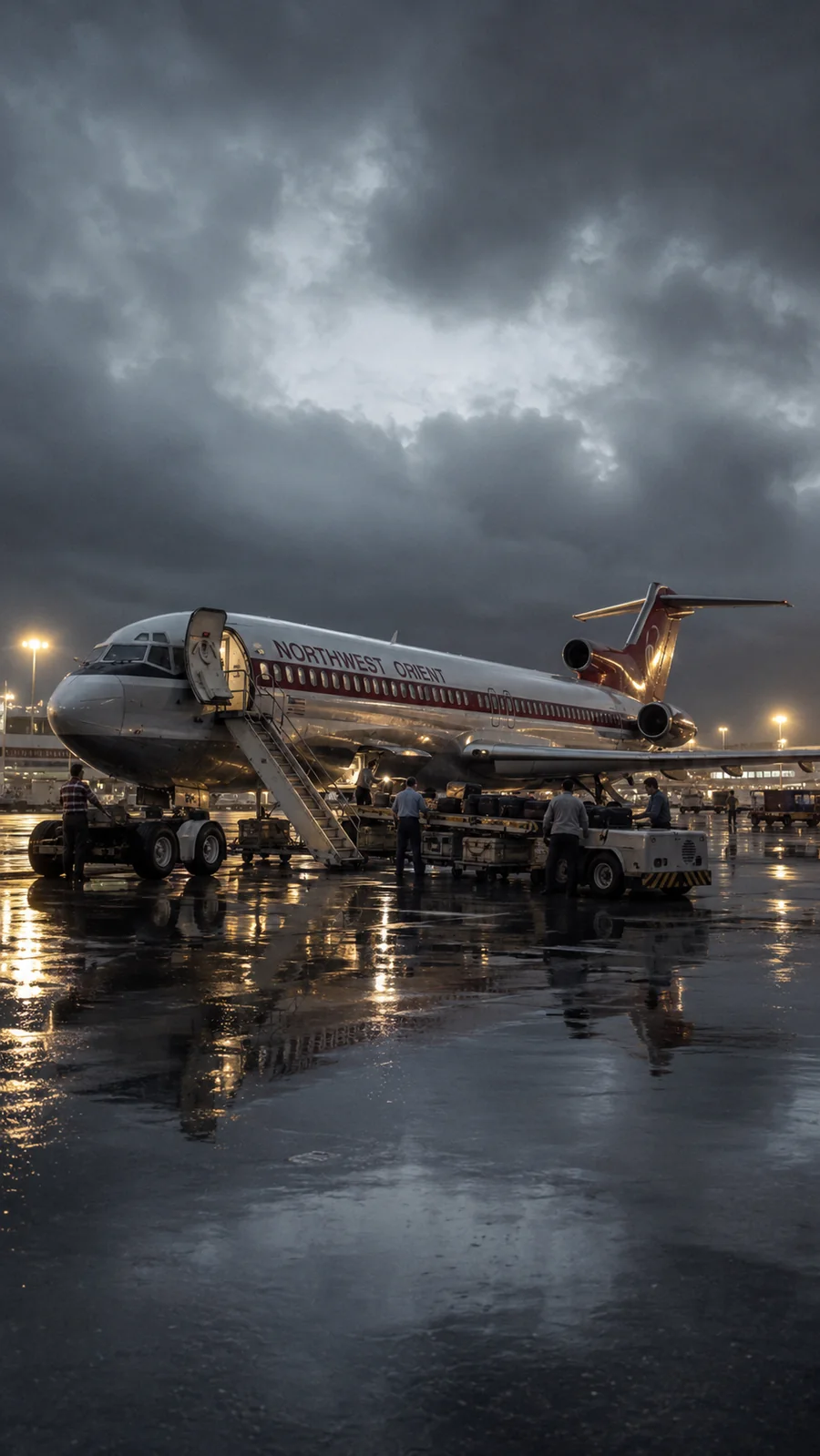 An airliner on a rainy apron. AI-generated artistic recreation; not a historical photograph.