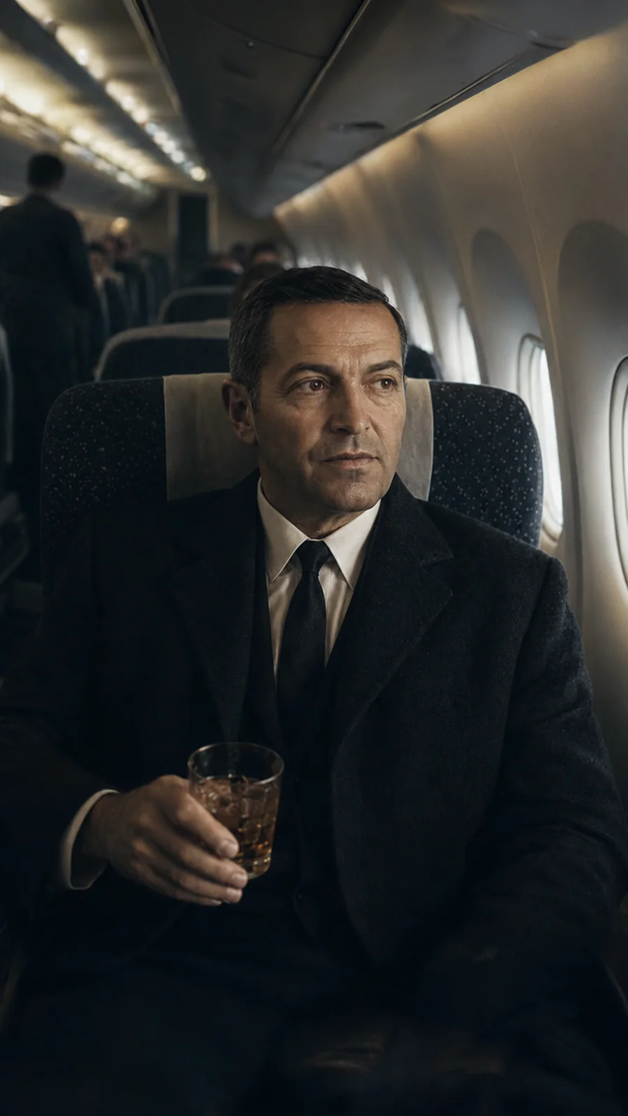 A suited passenger seated aboard an aircraft. AI-generated artistic recreation; not a historical photograph.