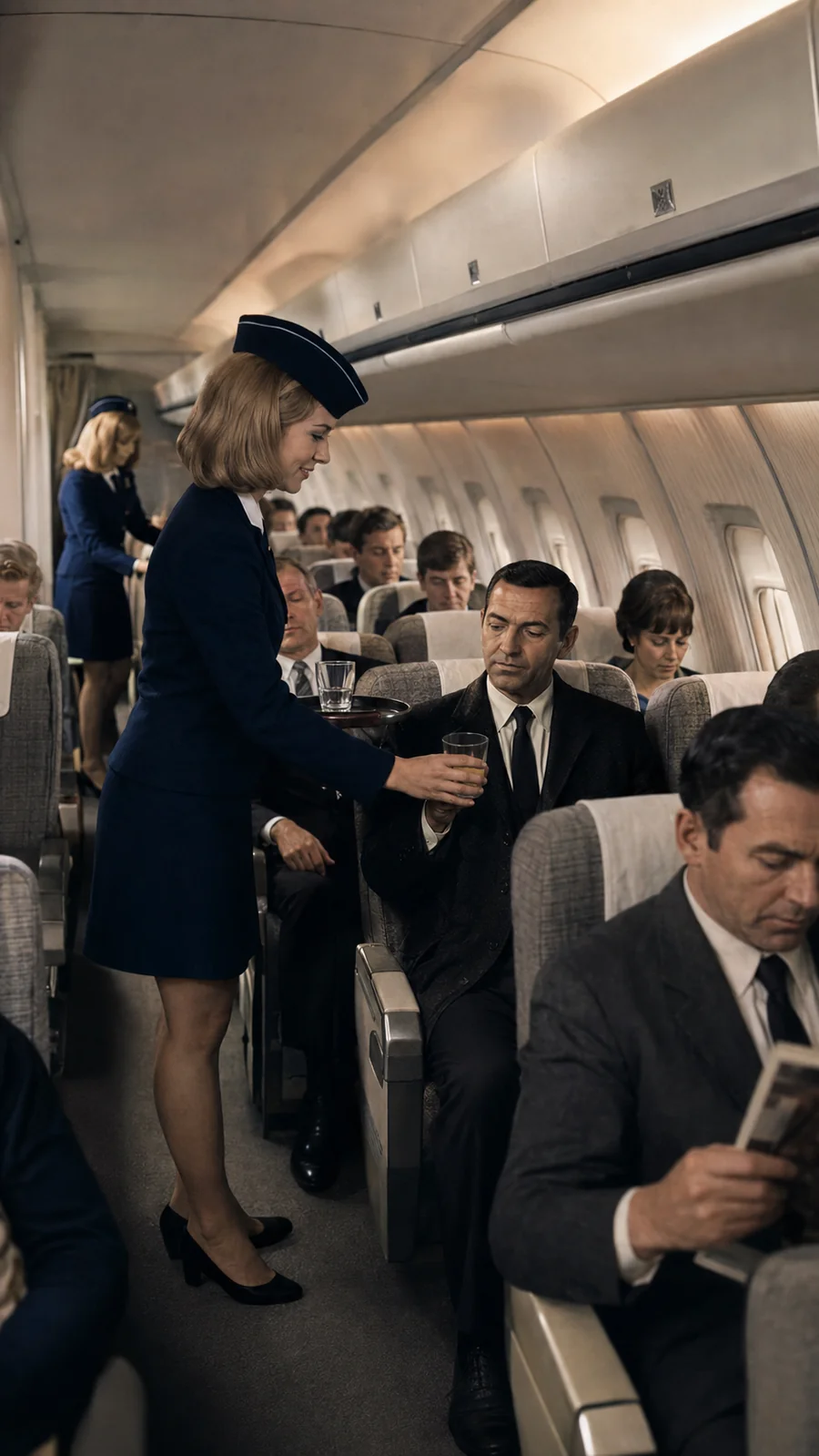 A flight attendant beside passengers. AI-generated artistic recreation; not a historical photograph.