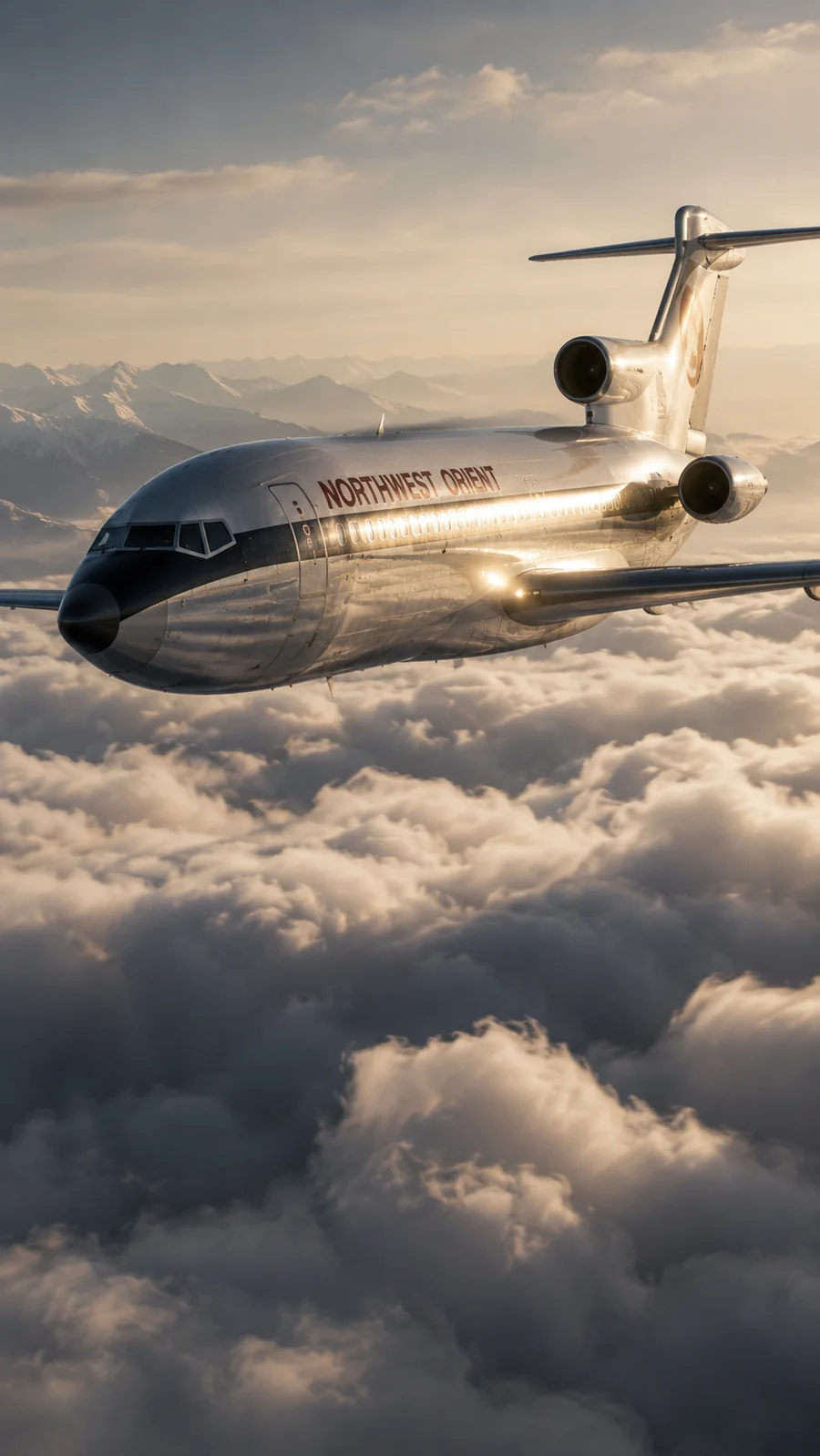 An airliner among clouds. AI-generated artistic recreation; not a historical photograph.