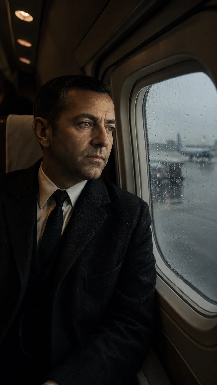 A passenger looking out a window. AI-generated artistic recreation; not a historical photograph.