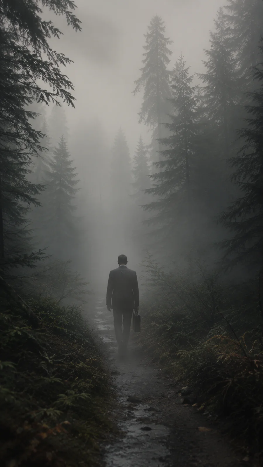 Anonymous figure in a forest; symbolic scene, not evidence of survival. AI-generated artistic recreation; not a historical photograph.