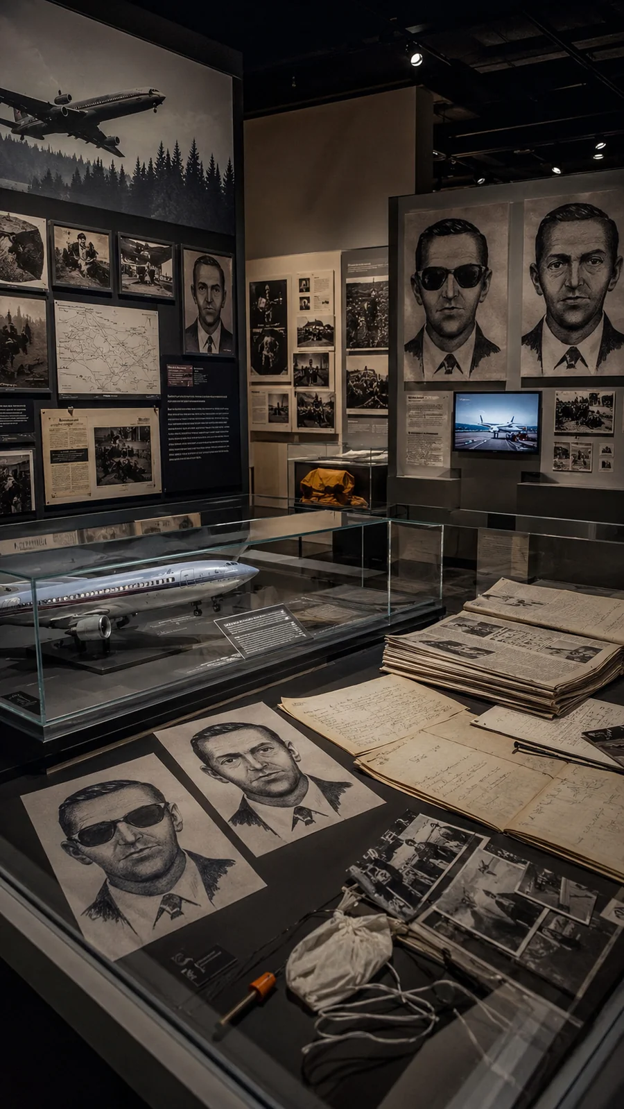 Imagined exhibition about the Cooper investigation. AI-generated artistic recreation; not a historical photograph.