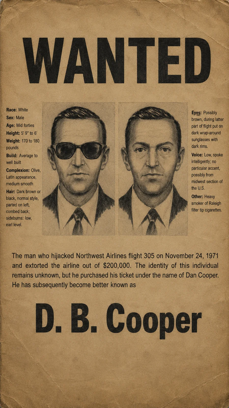 Recreated wanted poster; not an original FBI document. AI-generated artistic recreation; not a historical photograph.