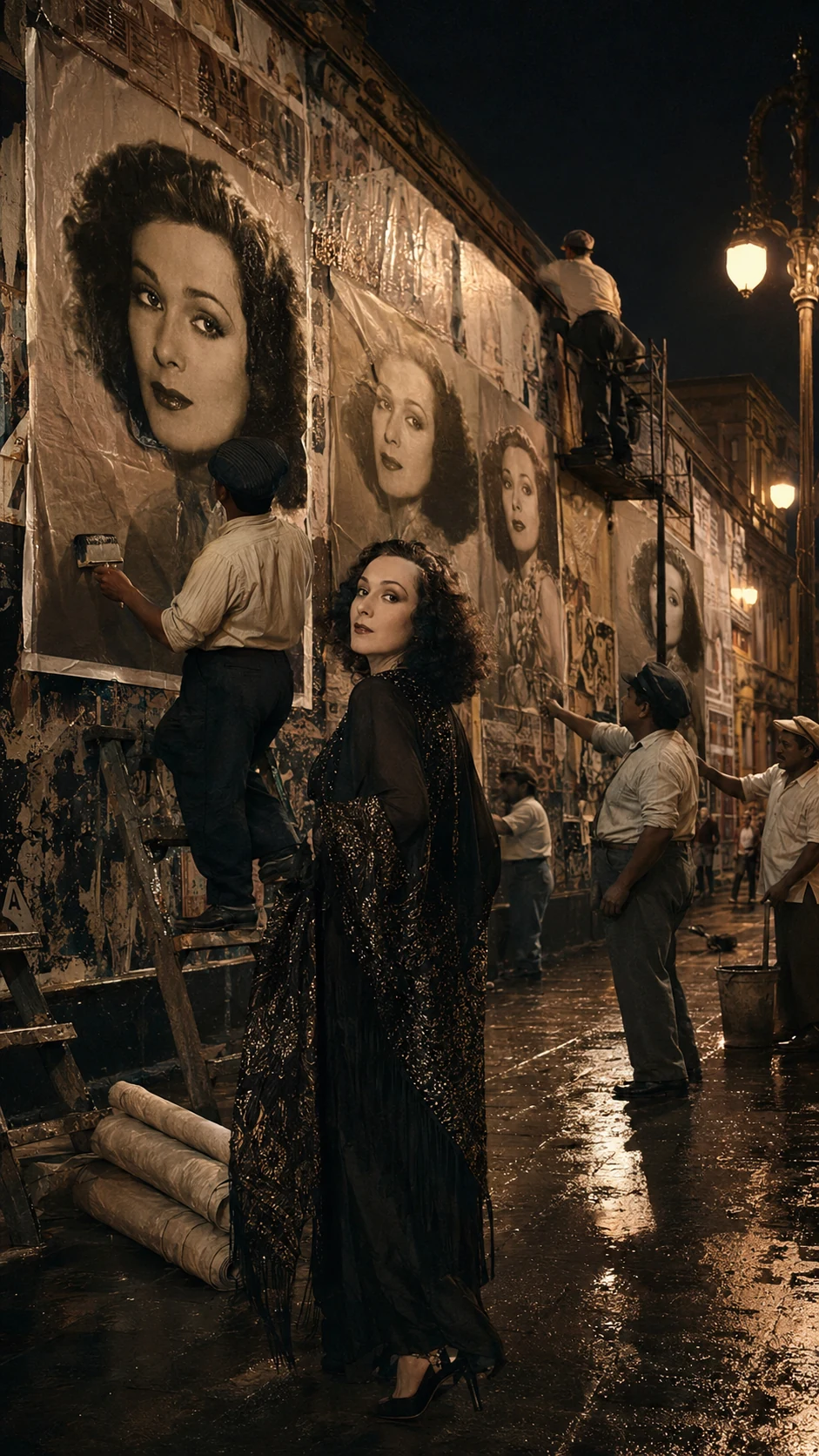 Recreation of Dolores del Río beside film posters — AI