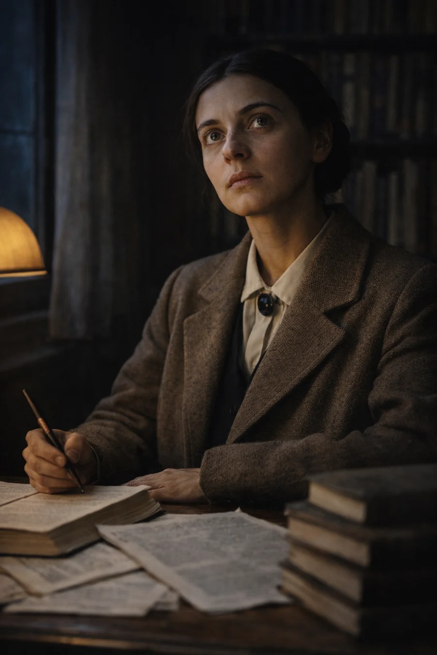 Edith Stein recreated working at her desk. AI-generated artistic recreation; not a historical photograph.