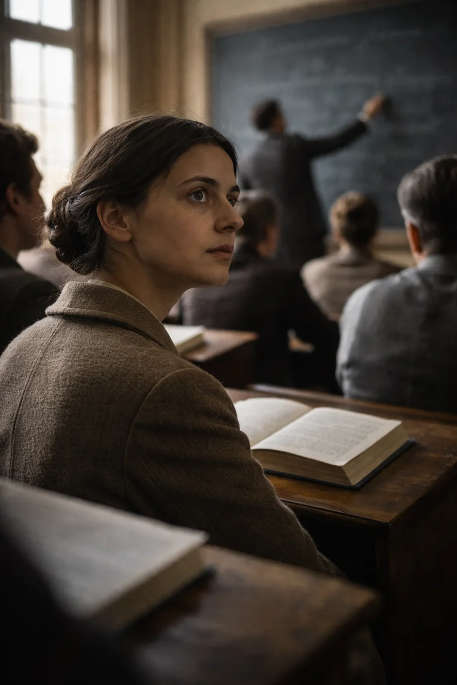Edith Stein recreated in a university classroom. AI-generated artistic recreation; not a historical photograph.