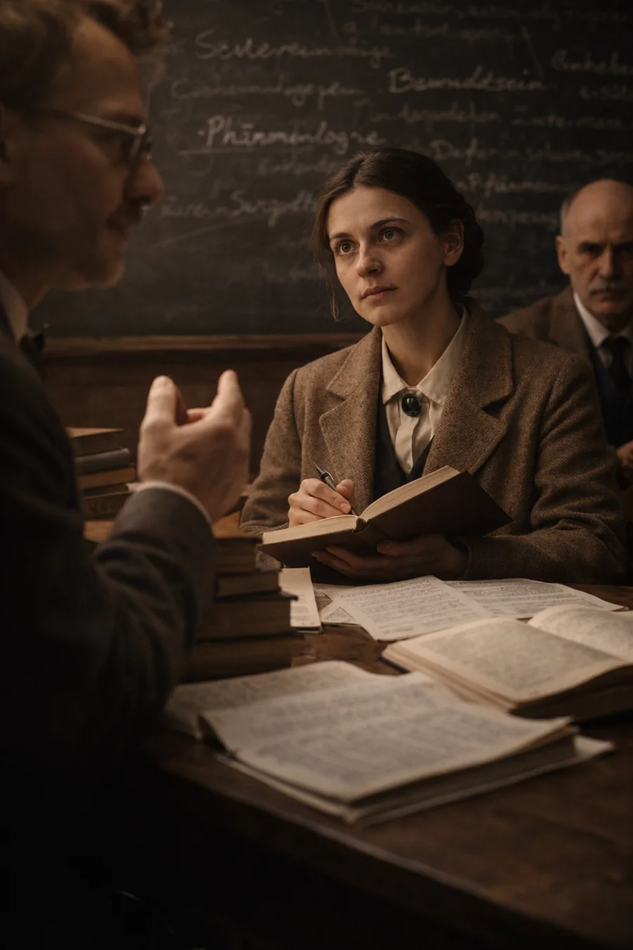 Imagined academic meeting with Edith Stein. AI-generated artistic recreation; not a historical photograph.