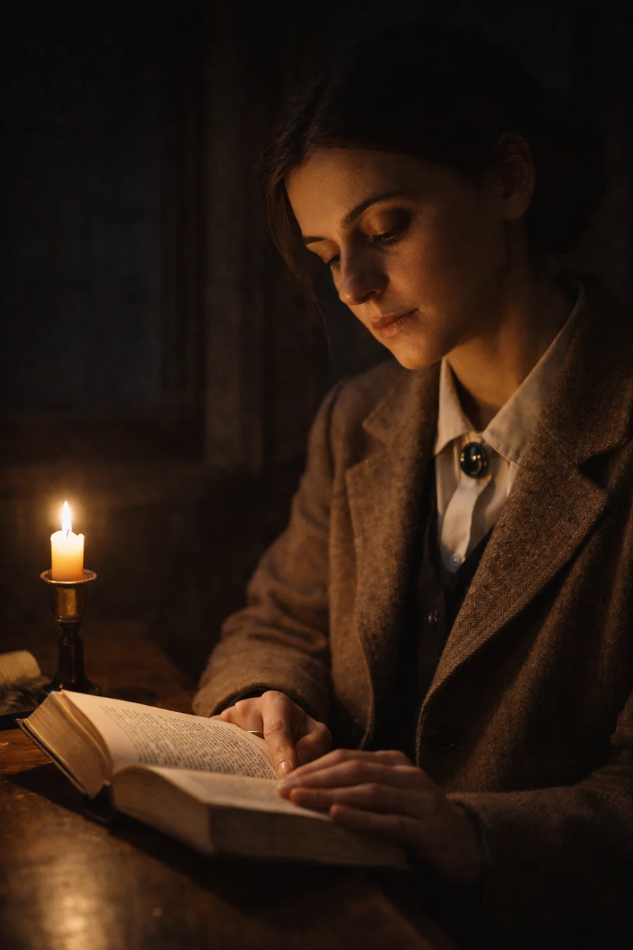 Depiction of Edith Stein reading. AI-generated artistic recreation; not a historical photograph.